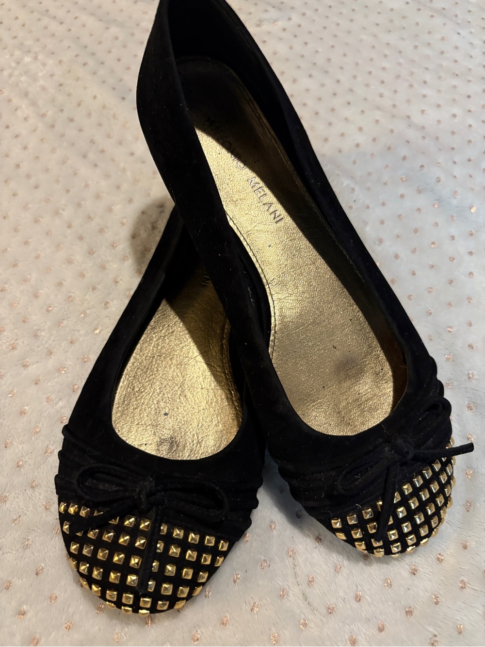 ANTONIO MELANI Black Suede Ballet Flats with Gold Stud Toe